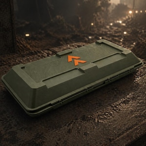 May include: An olive green rectangular container with an orange arrow design on the lid. The container is on a textured, dark brown surface. The background is blurred, with hints of a cityscape and a banner that reads "ARC RAIDERS."