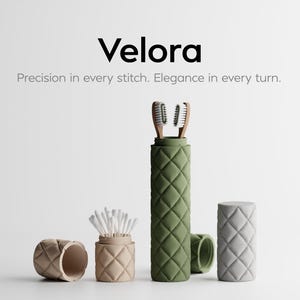 May include: A collection of quilted travel cases and containers in neutral tones. The image features a green toothbrush holder with two toothbrushes, a beige container with cotton swabs, and a gray container. The text "Velora" is at the top.