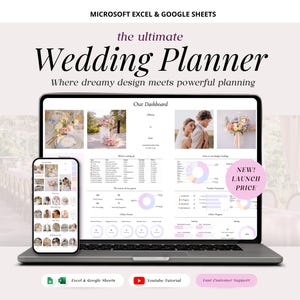 Puede incluir: Un ordenador portátil y un smartphone muestran una interfaz de planificador de bodas. La pantalla del portátil muestra un panel con gráficos e imágenes. El smartphone muestra fotos relacionadas con bodas. El texto incluye "Wedding Planner" y "New! Launch Price."