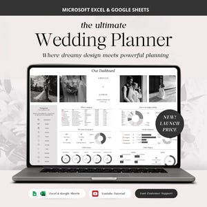 May include: A laptop displays a wedding planner dashboard with the text "the ultimate Wedding Planner". The screen shows black and white photos and charts. The text "NEW! LAUNCH PRICE" is also visible. The bottom of the image shows icons for Excel, Google Sheets, and YouTube.