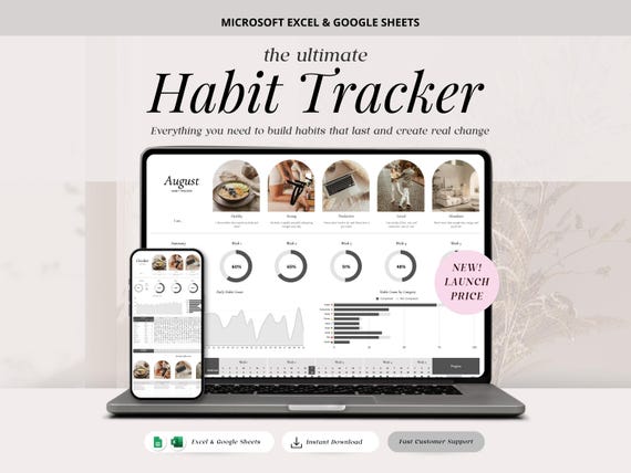 Habit Tracker Spreadsheet, Daily Routine & Goal Planner for Google Sheets and Excel, ADHD Planner