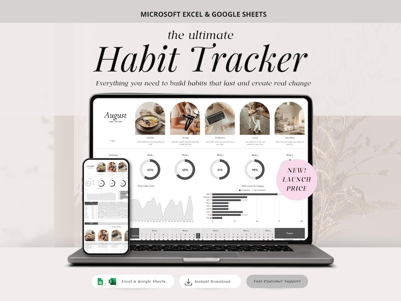 Habit Tracker Spreadsheet, Daily Routine & Goal Planner for Google Sheets and Excel, ADHD Planner image 1