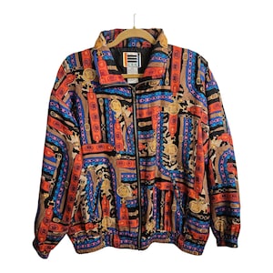 Vintage 80s Silk Bomber Jacket | Funky Baroque Chain Print | Colorful Retro Style |