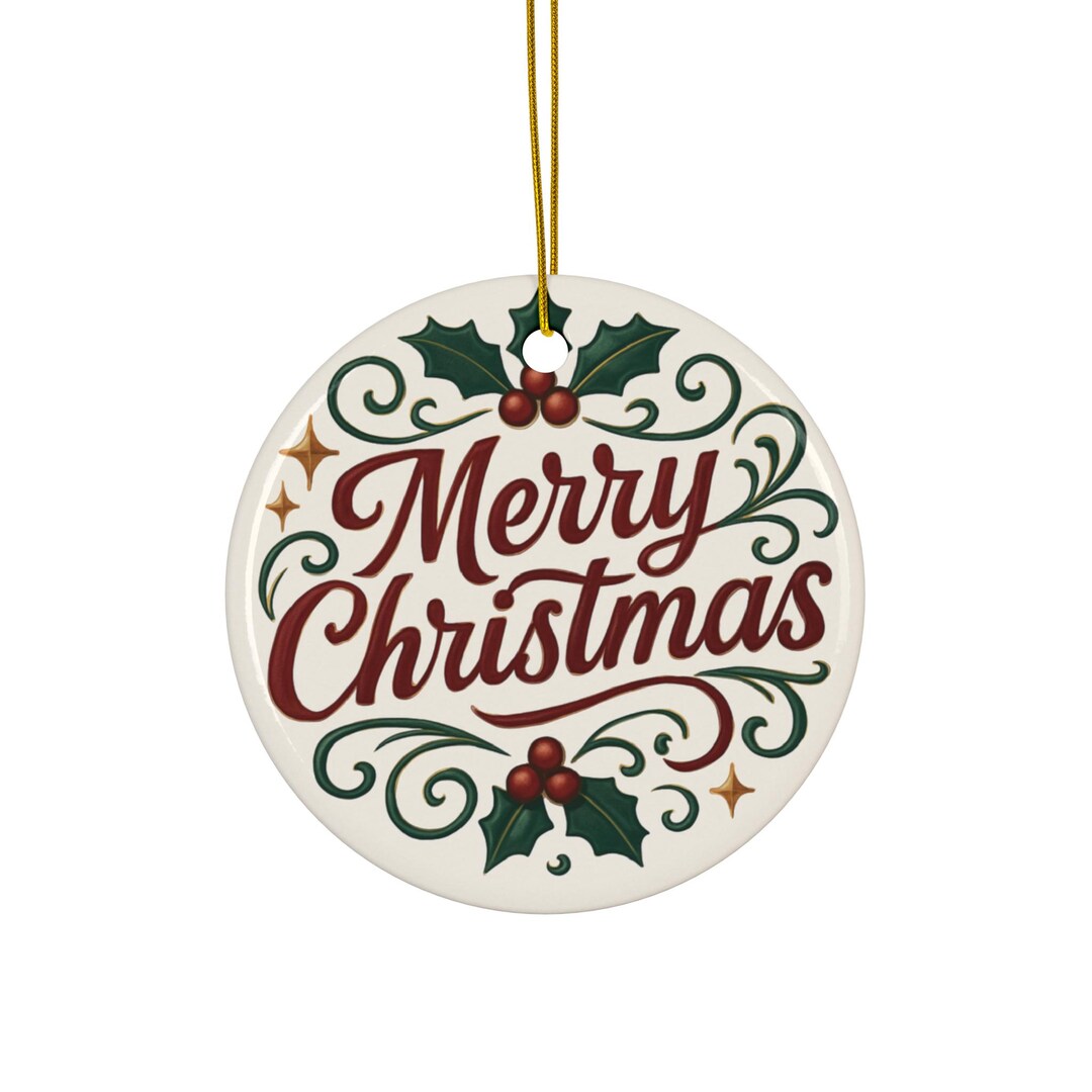Scripts Ornament Merry Christmas Holly Script Ornament | Ceramic Round Ornament - Etsy