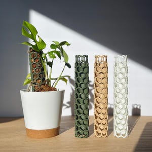 May include: A white ceramic pot with a brown base holds a plant with green leaves, supported by a green honeycomb trellis. Three additional honeycomb trellises in green, tan, and white stand nearby. The trellises are designed to support climbing plants.