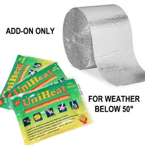 May include: The image shows a roll of silver foil insulation and three green UniHeat shipping warmer packs. The packs have the text "UniHeat" and "Multi-Purpose Jumbo Shipping Warmer". The text "Add-on Only" and "For Weather Below 50°" are also visible.
