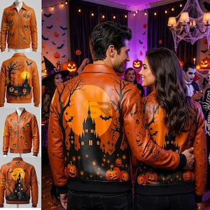 Halloween-läderjacka, läskig pumpa-månekappa, motorcykelytterkläder med hemsökt slott, gotisk höstmode