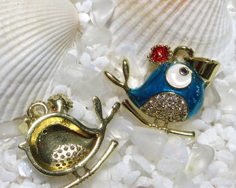 Brass, Enamel & CZ Bird Pendant - Blue - 15.5x19mm - 18K Gold