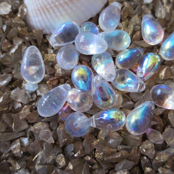 Czech Glass Tear Drop Beads - Crystal AB - 5 x7 mm - Select 50 or 100 pcs