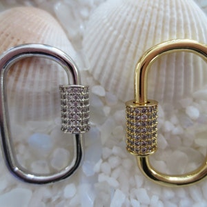 Brass Oval CZ Carabiner Lock Charm Holder - 26.5mm x 17.5mm -  High Polished - 1 pc