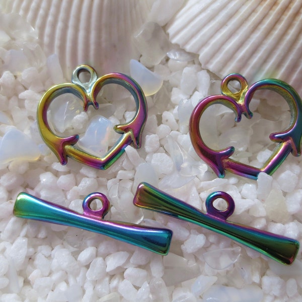 Stainless Steel Heart Toggle Clasp - 15mm - Rainbow - Select 1 or 2 sets