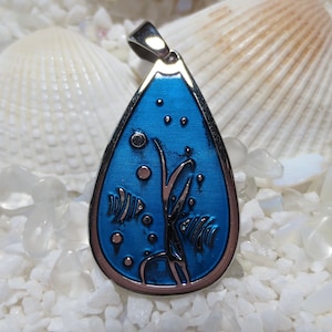 Stainless Steel & Enamel Sea Scape Pendant - 29.5mm x 17.5mm - Deep Sky Blue - 1 pc