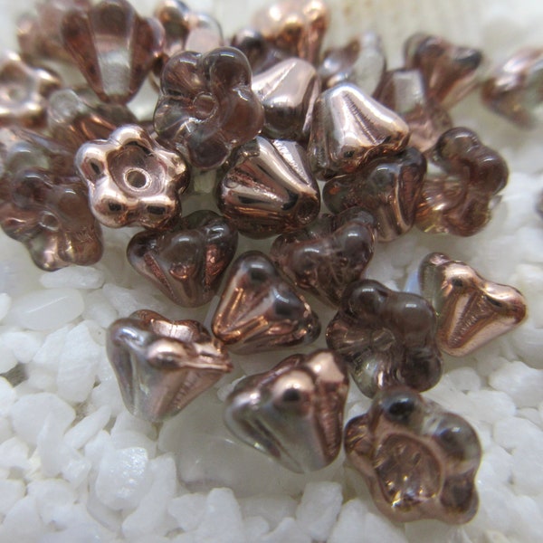 Czech Glass Bell Flower Beads - 4x6mm - Crystal Metallic Copper - Select 50 or 100 pcs