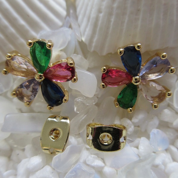 18K Gold on Brass & Rhinestone Flower Stud Earrings - 11mm - Multi Colored Stones - 1 pair