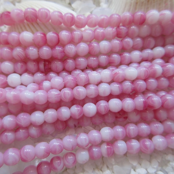 Czech Druk Glass Beads - 4mm - Pink Swirl - Select 50 or 100pcs