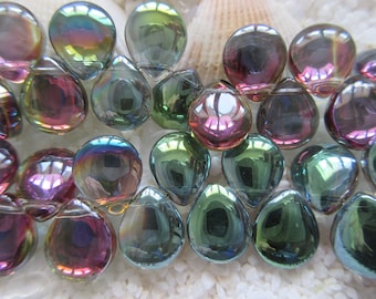 Electroplated Glass Teardrops - 10x12mm - Green Rainbow - 17" Strand (85pcs)
