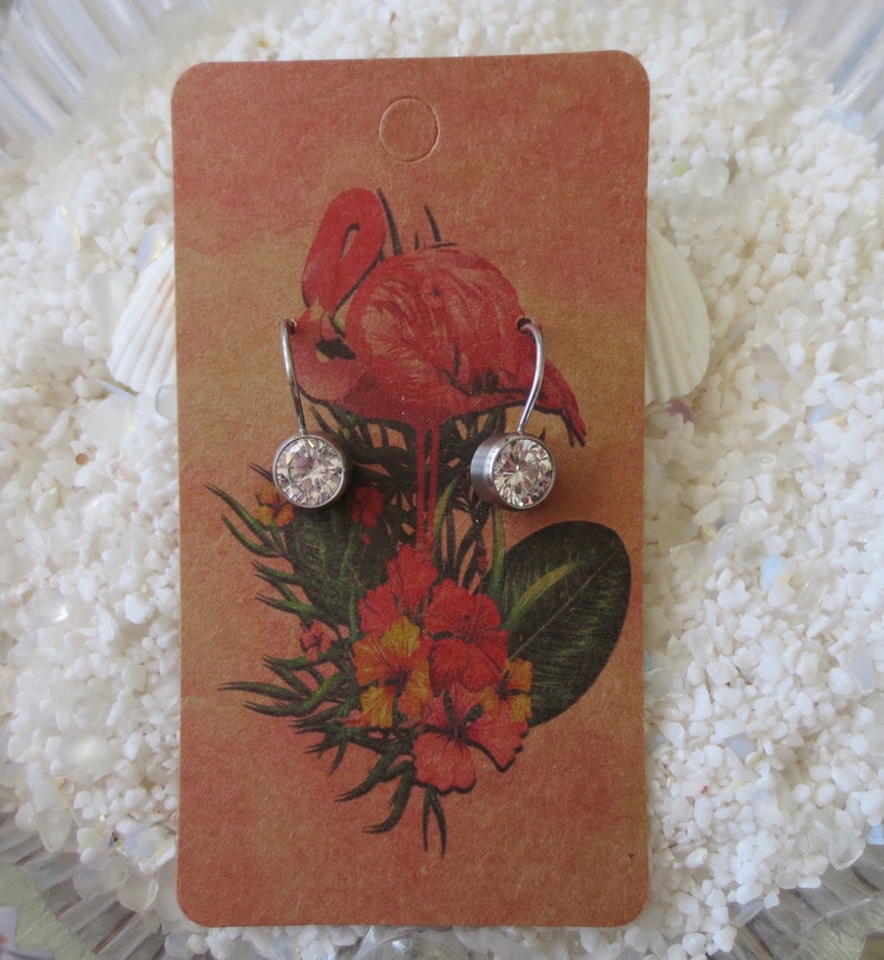Peut inclure: Une paire de boucles d'oreilles en argent avec des pierres de cristal claires. Les boucles d'oreilles sont pr&eacute;sent&eacute;es sur une carte avec un flamant rose et des fleurs tropicales.