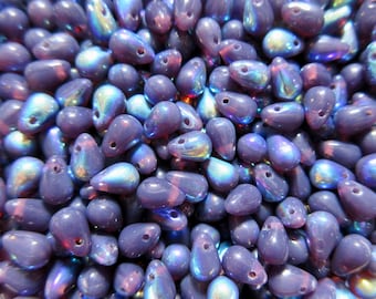 Czech Glass Tear Drop Beads - Opaque Dark Plum AB - 4x6mm - Select 50 or 100 pcs