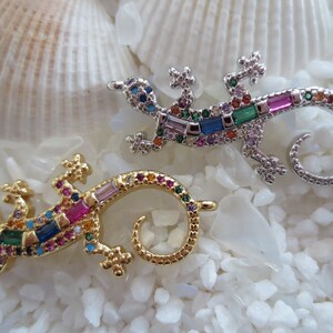 Brass Pave Cubic Zirconia Gecko Link/Connector - 33mm x 15mm -  Select Gold or Platinum Color - 1 or 2 pcs