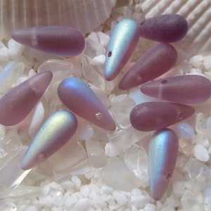 Czech Glass Tear Drop Beads - Frosted Amethyst AB - 5 x 12mm - Select 25 or 50 pcs