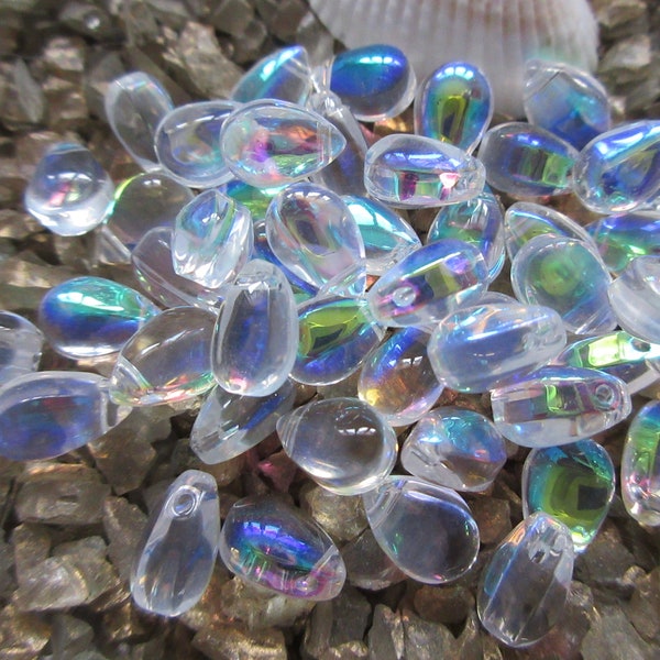 Glass Tear Drop Beads - Crystal AB - 6 x 9 mm - Select 25,  50 or 100 pcs