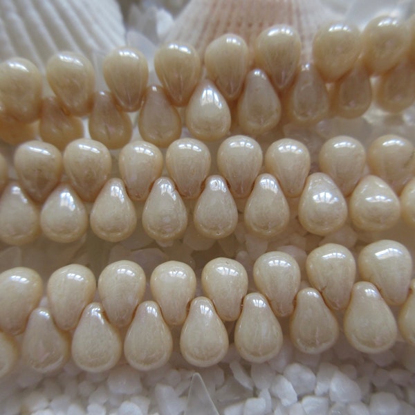 Czech Glass Tear Drop Beads - Opaque Champagne Luster  - 4x6 mm  - Select 50 or 100 pcs
