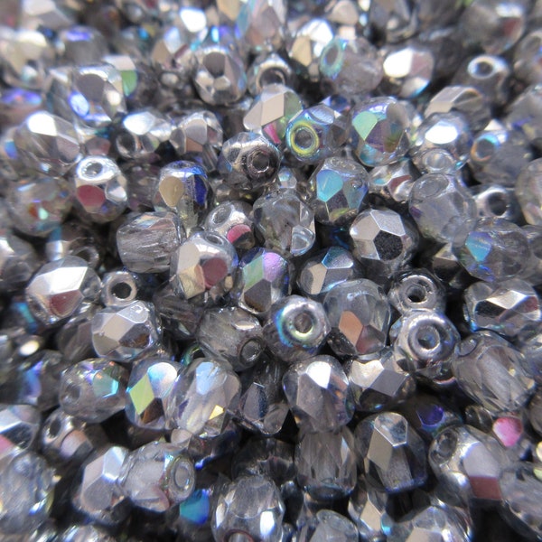 Czech Fire Polished Beads - 4mm - Crystal Silver Rainbow - Select 50 or 100 pcs