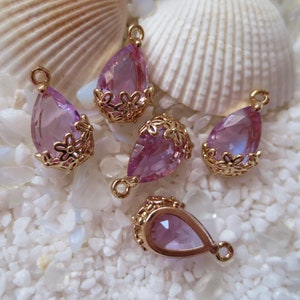 Brass & Faceted Purple Glass Teardrop with Flower Pendant/Charm - 18 Gold Plated - 17mm - Select 1 or 2 pcs