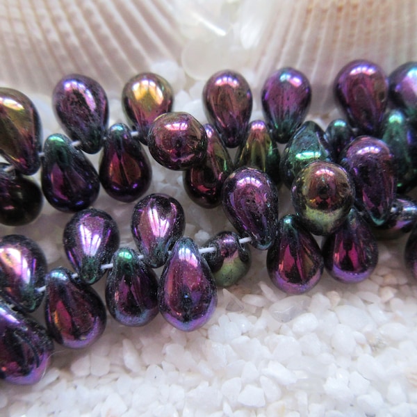 Czech Glass Tear Drop Beads - Purple  Iris - 6 x 9 mm - Select 50 or 100 pcs