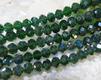 Electroplated Faceted Glass Rondelle Beads - Dark Green AB- 6x5 mm - 15.35" Strand