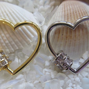 Brass & CZ Heart Carabiner - 23 x 23 mm - 1 pc - Select Gold or Platinum