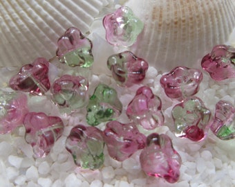 Bell Flower Electroplated Beads - Pink/Green - 8.5 x 8.5 mm - Select 25, 50 or 100 pcs