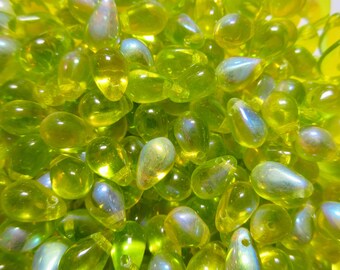 Czech Tear Drops - 6x9mm - Yellow Green AB - Select 50 or 100 pcs