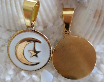 Pendentif Lune/Étoile en Acier Inoxydable & Émail - 19mm - Plaqué Or - 1 ou 2 pcs