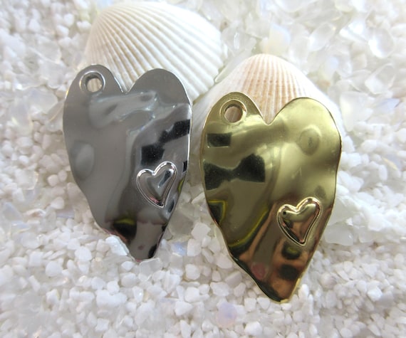 Stainless Steel Artsy Heart Pendant - 37x24mm - Select 18K Gold Plate or Polished Steel