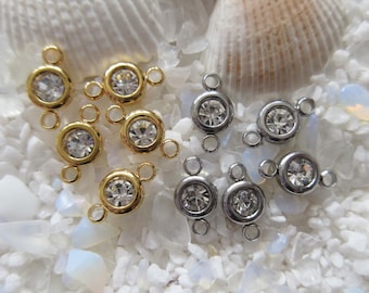 Stainless Steel & Rhinestone Link/Connector - 12x7mm - Clear Stone - Select Gold or Steel Color, 4 to 6 pcs