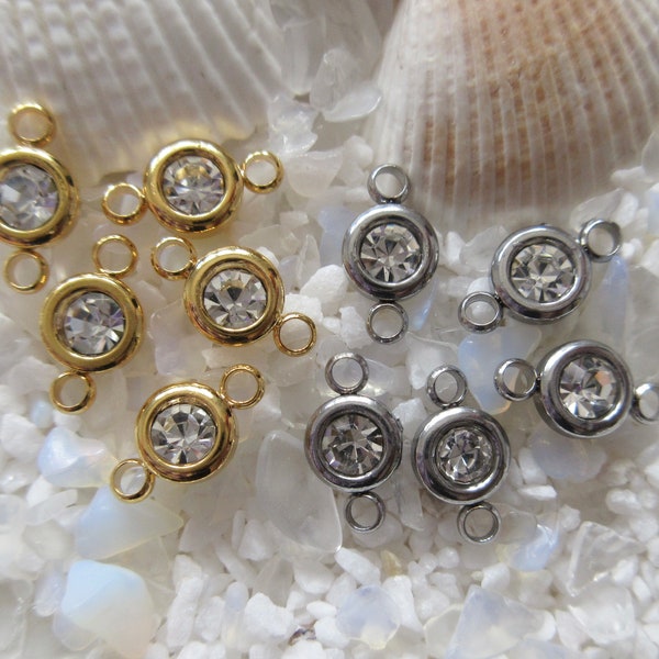 Stainless Steel & Rhinestone Link/Connector - 10mm - Clear Stone - Select 24K Gold or Steel, 4 to 6 pcs