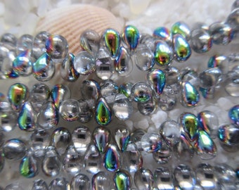 Czech Glass Tear Drop Beads - Crystal Vitrail - 4x6 mm - Select 50 or 100 pcs