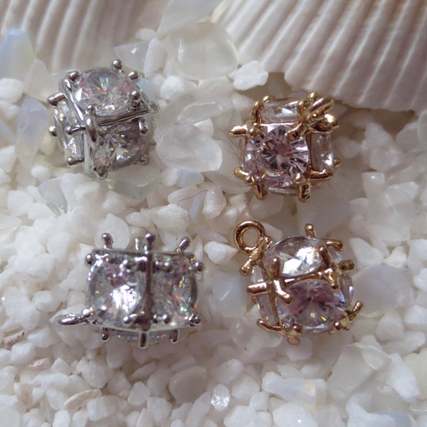 Brass Cubic Zirconia Cube Charms - 9mm - Select Gold or Platinum, 2, 4 or 6 pcs