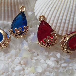 Brass & Faceted Glass Teardrop with Flower Pendant/Charm - 18 Gold Plated - 17mm - Select Red or Blue, 2, 4 or 6 pcs