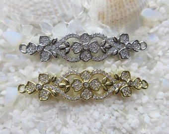 Brass & CZ Flower Link/Connector - 10x42mm - Select 18K Gold or Platinum Color