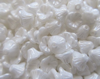 Czech Glass Bell Flower Beads - Opaque Luster White - 7mm x 5mm - Select 50 or 100 pcs