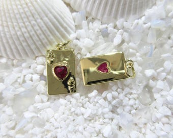 Brass & Deep Magenta Heart CZ Ace Playing Card Charm - 16x9mm - 18K Gold Plated