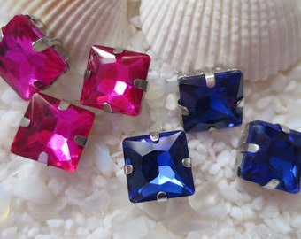 Glass Rhinestone Square Multi - Hole Beads/Link/Cabochon - 10.5 mm - CHOICE of Colors - 6 or 12 pcs