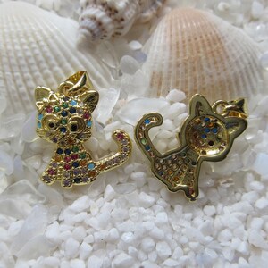 Brass & CZ Cat Pendant/Charm - 16K Gold Plated - 18x15.5mm - 1 pc