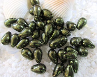 Czech Tear Drops - 6x9mm - Dark Shiny Olive - Select 25 or 50 pcs