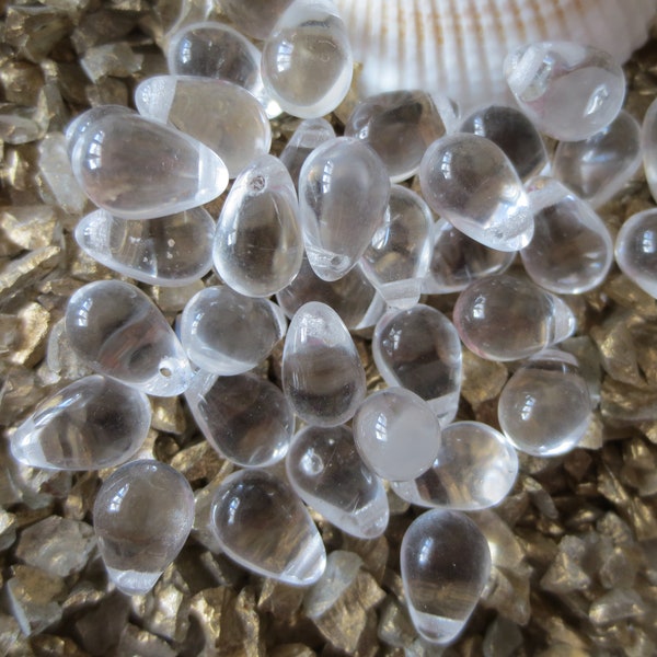 Czech Glass Tear Drop Beads - Crystal Clear - 6 x 9 mm - Select 50 or 100 pcs