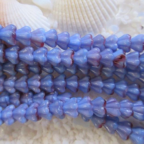 Czech Glass Bell Flower Beads - Blue Raspberry Swirl - 4mm x 6mm - Select 50 or 100 pcs