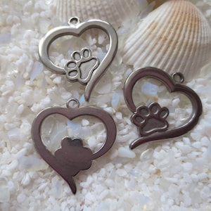 Stainless Steel Heart & Paw Pendant - 25mm - Select 1, 2 or 4 pc