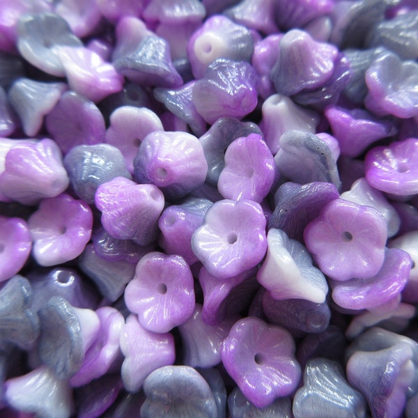 Czech Glass Bell Flower Beads - White Funky Purple - 7mm x 5mm - Select 25 or 50 pcs